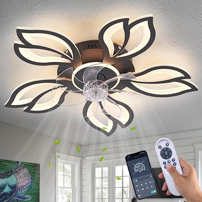 Ceiling Fan with Lights Remote Control, 26" Black Low Profile Ceiling Fan with Light, Modern Leaf Geometric Flush Mount Ceiling Fan for Kitchen Bedroom