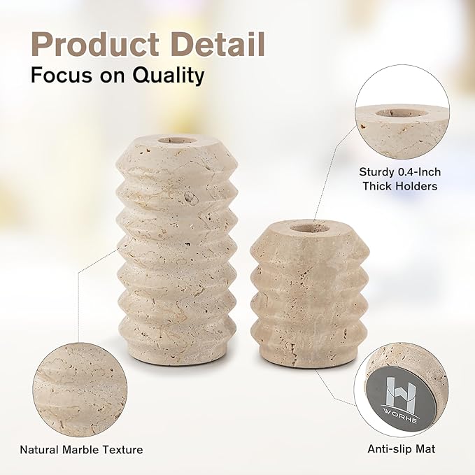 WORHE Candle Holders True Natural Travertine Stone 0.4" Thick, Set of 2 Premium Marble Candlestick Holder for Wedding Dinning Party, Candle Stand for 3/4 inch Thick Candles Color White (ZT002)