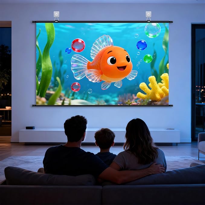 110 inch Projector Screen, XIAOHUI Portable Movie Projector Screen for Outdoor Indoor with 3 pcs Adhesive Hook, 4K Hanging Projection Screen for Room Wall, No Drilling, Anti-Glare Coating, 16:9 HD