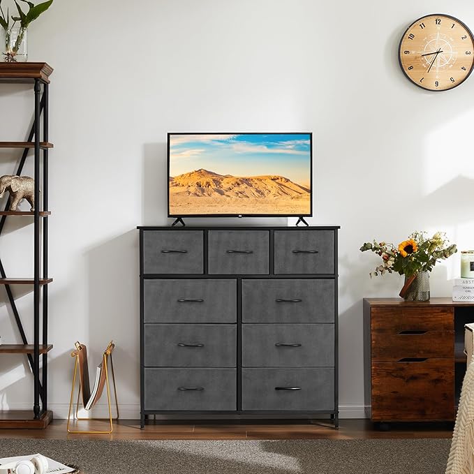 DUMOS Dresser for Bedroom, Dressers & Chests of Drawers Dresser Organizer, Wood Top Table Furniture with 9 Fabric Storage Tower Unit, Chest of Drawers for Closet, Living Room, Hallway, Porch