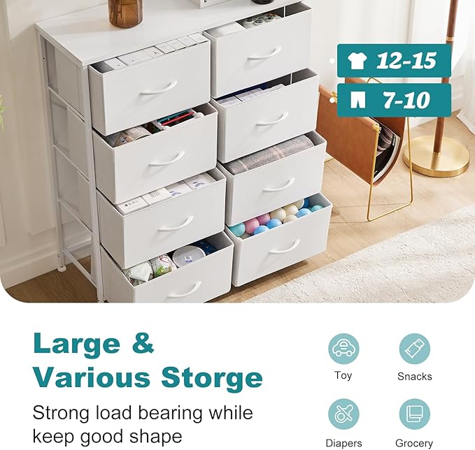 OLIXIS Dresser for Bedroom, Drawer Dresser Organizer Storage Fabric Storage Tower, Chest of Drawers with 8 Easy Pull Fabric Bins, Steel Frame, Wood Top for Living Room, Closet, Entryway, Hallway
