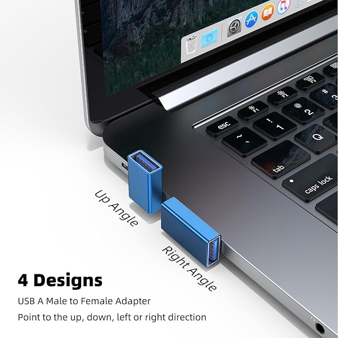 AreMe 90 Degree USB 3.0 Adapter 4 Pack, Up and Down Angle, Left and Right Angle USB A Male to Female Converter Extender for PC, Laptop, Type A Charger, Power Bank and More (Blue)