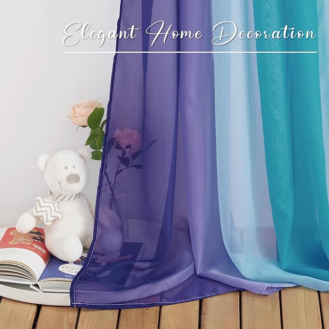 NICETOWN Lilac and Turquoise Ombre Voile Sheer Window Scarf, Wedding Decorations for Reception Decorative Bed Canopy for Gilrs Room/Kids Room, 2 Panels, W60 x L216
