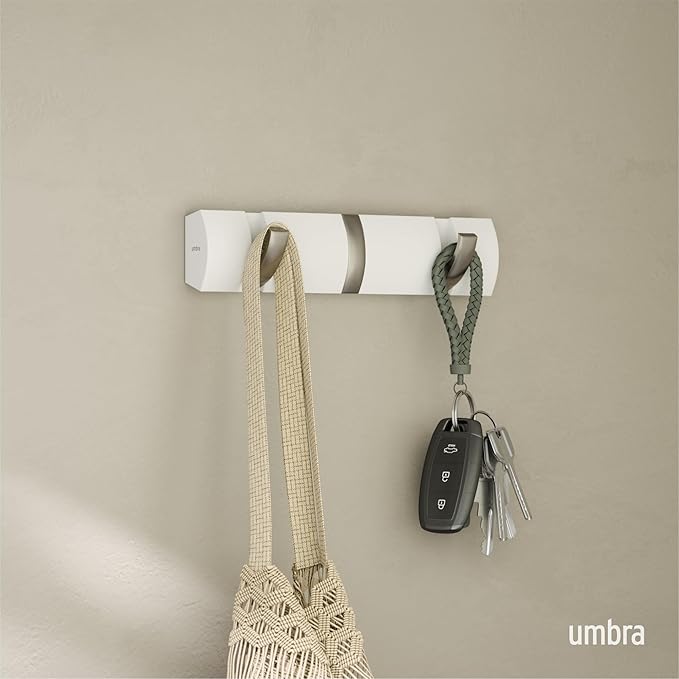 Umbra Flip Wall-Mounted Coat Rack Rail Hook for Hats, Jackets, Bags and More – Modern, Space-Saving Storage Organizer for Entryway, Mudroom, Closet, Bathroom, Bedroom, Kids Room, or Nursery, 3 Hooks,