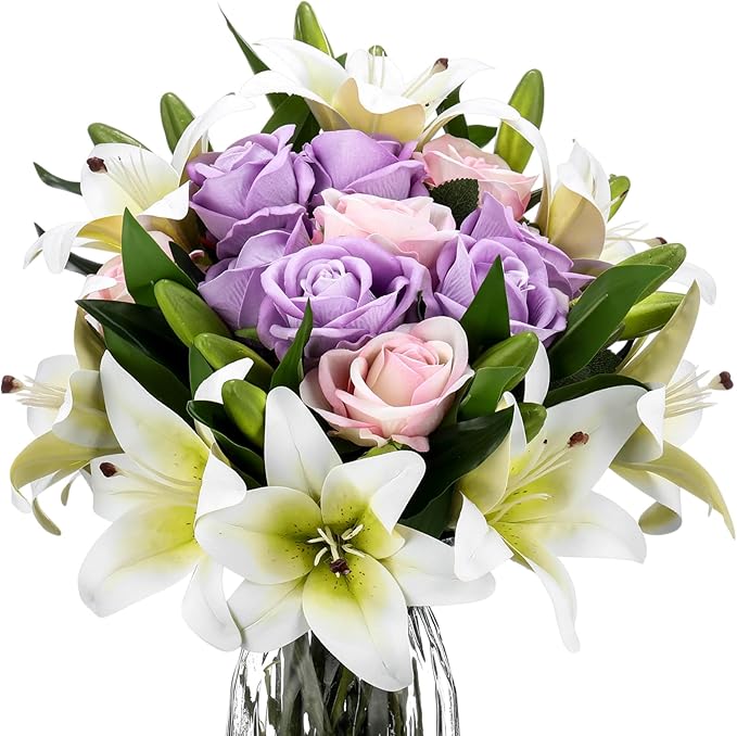 Hotop 20 Pcs Artificial Flowers Velvet Realistic Roses and Latex Lilies Flowers Bouquet Decorations Arrangements for Home Table Centerpieces Independence Day(Pink,Purple,White)