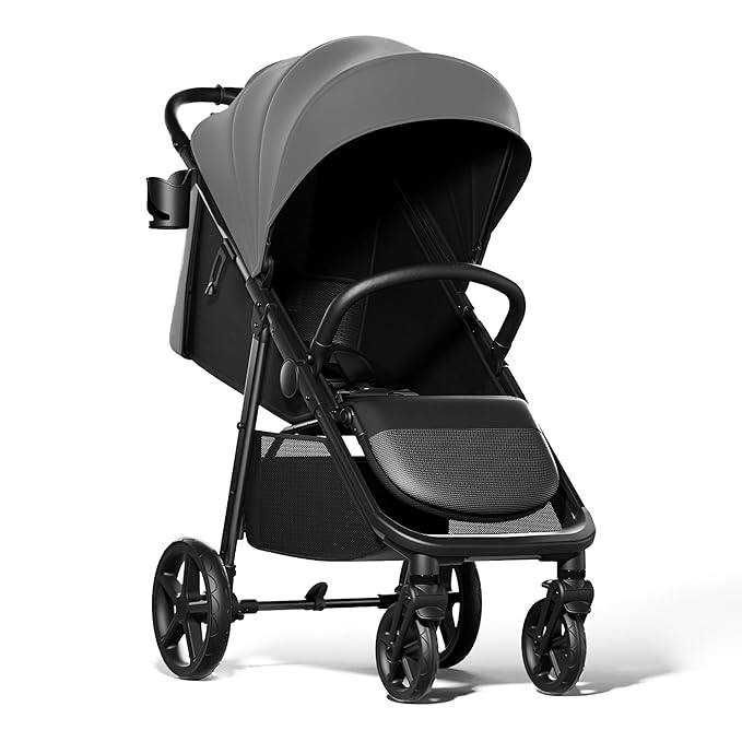 Mompush Nova Baby Stroller for Toddler, Infant & Newborn | Spacious Seat & Lie-Flat Mode | Compact One-Hand Fold, UPF 50+ Canopy & All-Wheel Suspension | Includes Rain Cover & Cup Holder, Grey