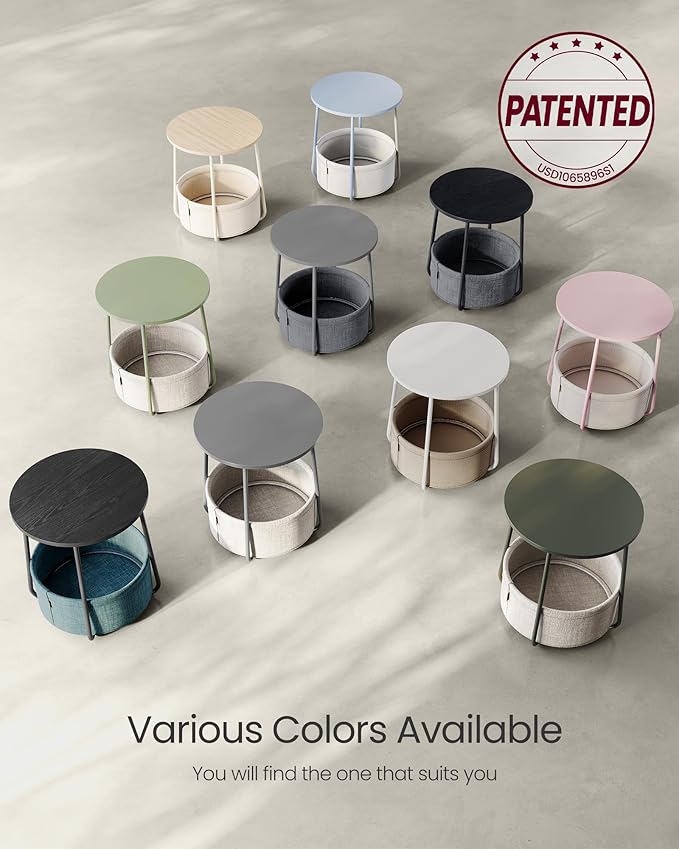 VASAGLE LILEA Collection - Small Round Side End Table, Modern Nightstand with Fabric Basket, Cream White ULET223K67