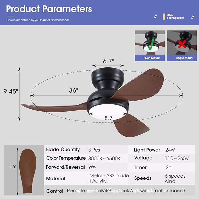 36 Inch Modern Ceiling Fans with Lights, Small Flush Mount Ceiling Fan with Light and Remote/APP Control, 3 Reversible 6 Speeds Curved Blades, 3 CCT Dimmable Lights for Bedroom, Brown
