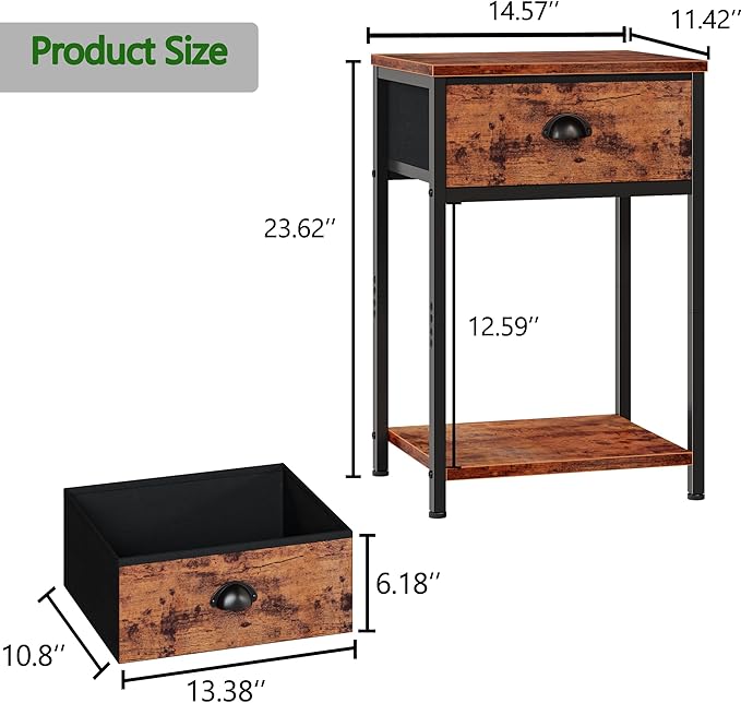 Furologee Nightstands Set of 2, Night Stand with Fabric Drawer and Storage Shelf, Retro Bedside Sofa Tables for Small Place, End Side Tables Living Room Bedroom, Rustic Brown