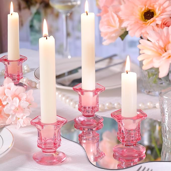 Pink Candlestick Holders Bulk, 12 Pcs Glass Candle Holders Set,Crystal Taper Candle Holder for Wedding, Table Centerpiece, Home Decoration
