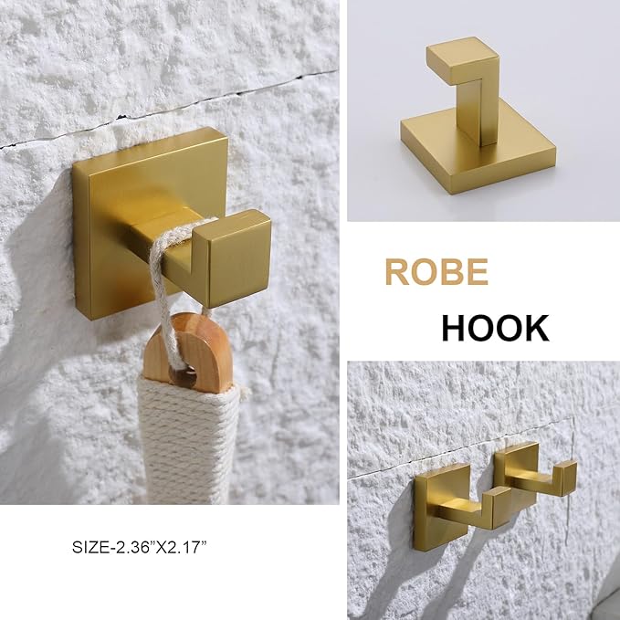 TASTOS Bath Towel Hooks Brushed Gold, 4 Pack Stainless Steel Robe Coat and Clothes Hook, Heavy Duty Wall Hook for Bathroom & Kitchen, Modern Square Style Wall Mounted…