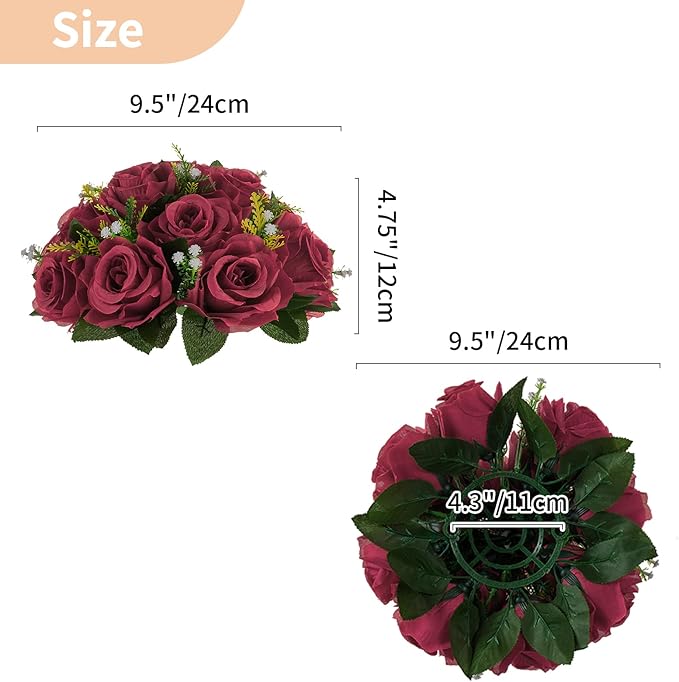 NUPTIO Flower Ball Arrangement Bouquet - 10 Pcs 9.5 inch Diameter Burgundy Fake Flowers Roses Balls for Centerpieces Tables - Artificial Rose Arrangements for Wedding Centerpiece Table Decorations