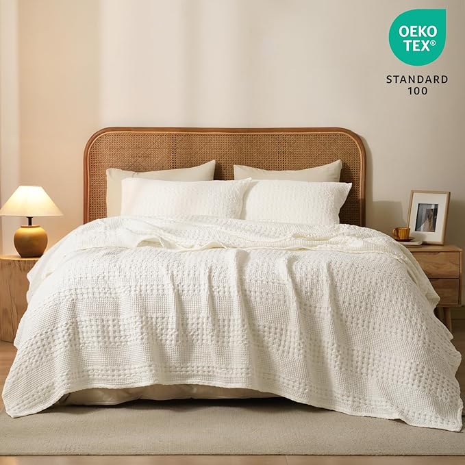PHF 100% Cotton Waffle Weave Blanket Queen Size for Bed, Soft Lightweight & Breathable, All-Season Comfort, Luxury Aesthetic Woven Bedding for Home Decor, 90"x90", Ivory
