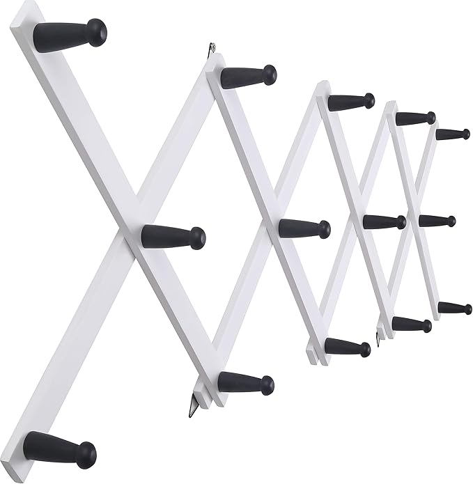 SKOLOO Hat Rack for Wall with 14 Hooks, Solid Wooden, Modern, Expandable Coat Rack Wall Mount for Coats, Hats, Bags, Baseball Caps, Black on White