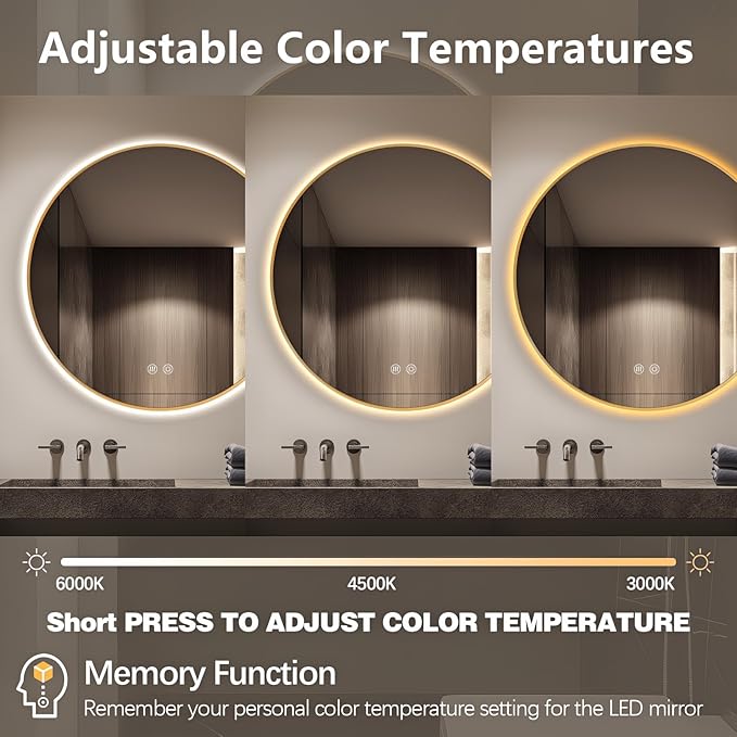 Niccy Round Led Mirror for Bathroom, 36" Backlit Mirror for Wall Circle Lighted Mirror with Gold Frame Anti-Fog, 3 Colors, HD Glass and IP65 Waterproof