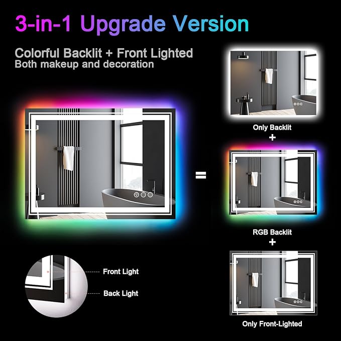 LED Mirror for Bathroom, 30"X36" with 8 RGB Backlit +3 Front Lit (Adjustable Individually), Anti-Fog, Lighted Bathroom Vanity Mirror for Wall, Shatterproof, Memory Function, Tempered Glass