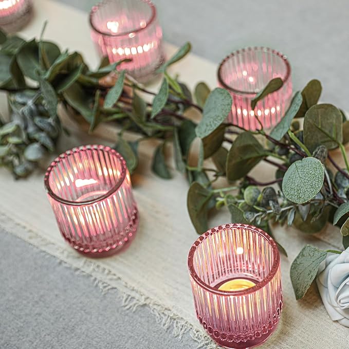 Vintage Ribbed Pink Glass Tealight & Votive Candle Holders (Set of 12) - Wedding, Bridal Shower Party Table Decor, Fall, Boho, Shelf Decoration