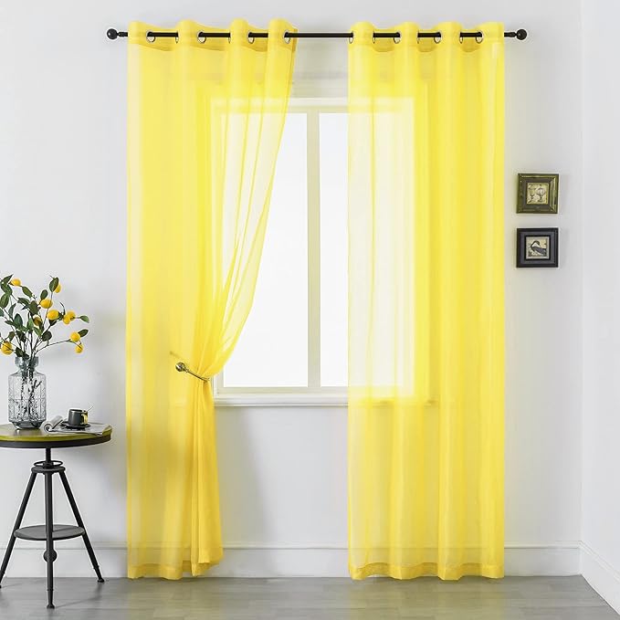 DUALIFE Yellow Sheer Curtains 84 Inches Long for Living Room Set 2 Grommet Look Soft Semi Transparent Voile Drape Window Sheer Curtains for Bedroom Boys 52x84 Length Solid Bright Color