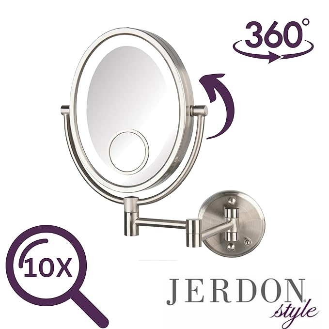 JERDON Two-Sided Wall-Mounted Makeup Mirror with Lights - Lighted Makeup Mirror with 10X Magnification & Wall-Mount Arm - Oval Mirror with Nickel Finish Wall Mount - Direct Wire - Model HL9515NLD
