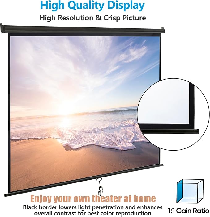 120 Inch Projection Screen Outdoor Indoor 1:1 HD Foldable Manual Pull Down Projector Screen for Movie Home Backyard Theater Cinema Office Video Game, Black