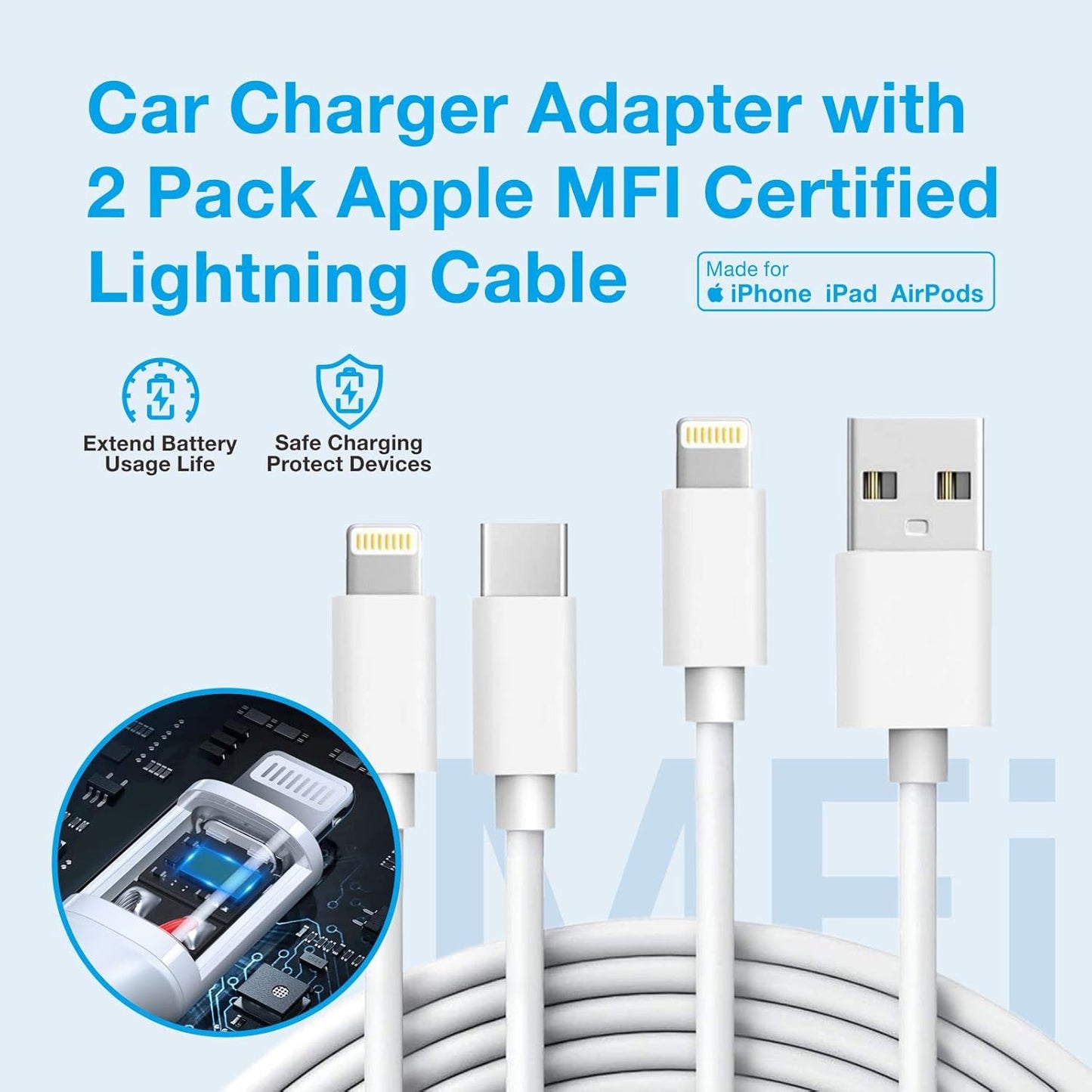 MOCA 38W Fast Car Charger for iPhone, Dual Port USB C Power Delivery with 2Pack PD Lightning Cord Quick Charging