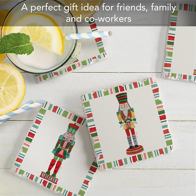 Thirstystone Holiday Nutcrackers 4 Pack Assorted Tumbled Tile Stone Coasters with Protective Cork Backing 4" Square Manufactured in The USA