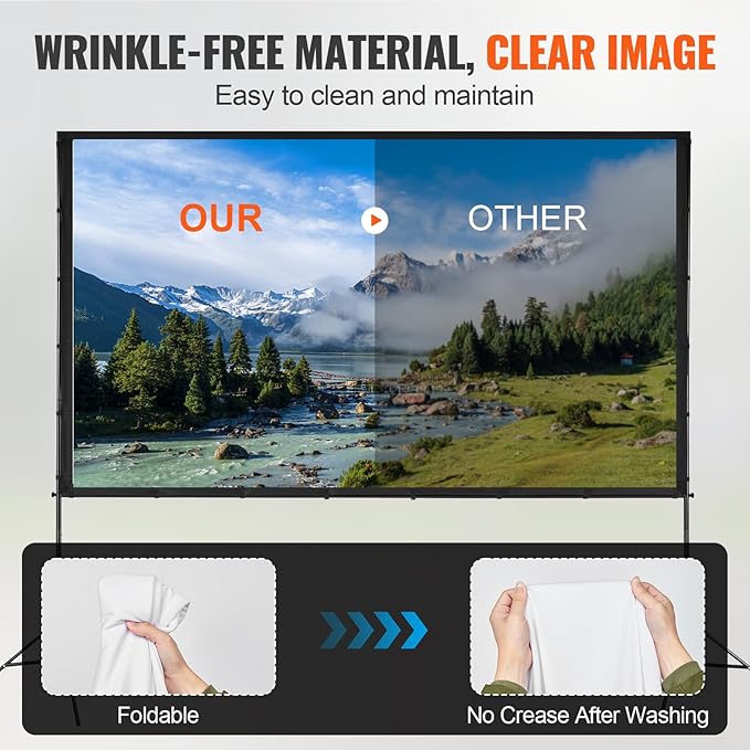 VEVOR Projector Screen with Stand, 120 inch 16:9 4K 1080 HD Outdoor Movie Screen with Stand, Wrinkle-Free Projection Screen with Tripods and Carry Bag, for Home Theater Cinema Backyard Movie Night