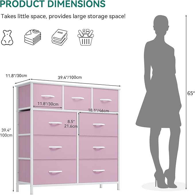 YITAHOME Dresser for Bedroom with 9 Drawers, Closet Dresser & Chest of Drawers for Living Room, Closets - Sturdy Steel Frame, Wooden Top & Easy Pull Fabric Bins