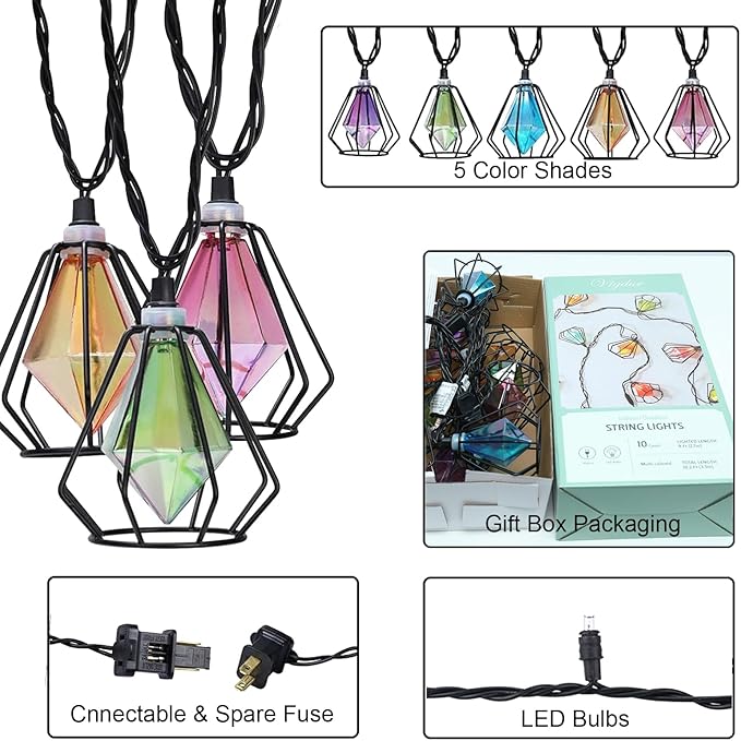 Vigdur Lantern String Lights - Muiticolor Deorative String Lights with 10 LED Bulbs Connectable, Indoor String Light for Bedroom Party Holiday Cottagecore Decor