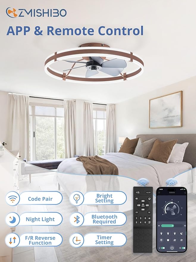 ZMISHIBO 24 Inch Ceiling Fans with Lights and Remote, Modern Low Profile Ceiling Fan, 3000-6000K Dimmable Flush Mount LED Fan Light, 6 Wind Speeds, Fandelier Ceiling Fans for Bedroom- Brown