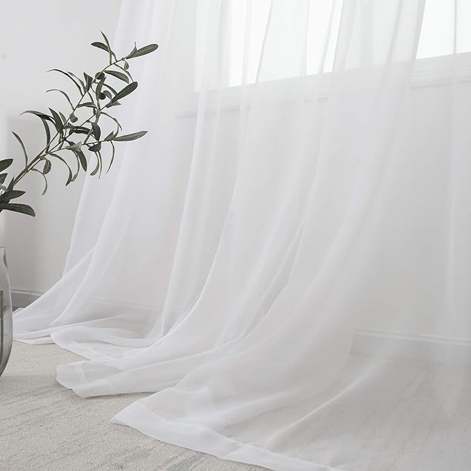 HUTO 2 Panels Small White Sheer Curtains 45 inches Long Rod Pocket Sheer Window Drapes Panels for Kitchen Bathroom