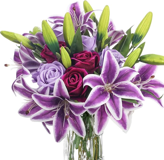 Hotop 20 Pcs Artificial Flowers Velvet Realistic Roses and Latex Lilies Flowers Bouquet Decorations Arrangements for Home Table Centerpieces Independence Day(Violet, Light Purple,Purple)