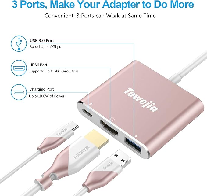 USB C to HDMl Adapter Type C HDMI Multiport Adapter 4K HDMI Output USB 3.0 Port 100W Charging Port,Digital AV hub for MacBook Pro/Air iPhone15 Pro Max