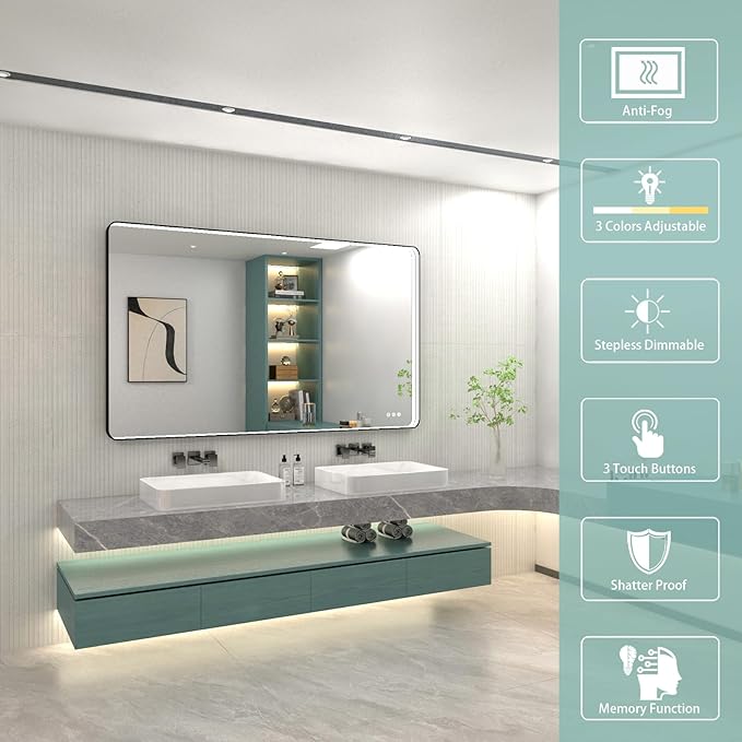 48x28 Inch LED Bathroom Mirror with Lights, Black Metal Framed LED Mirror for Bathroom, 3 Colors and Stepless Dimmable Wall Mounted Lighted Bathroom Vanity Mirror, Anti-Fog, Memory