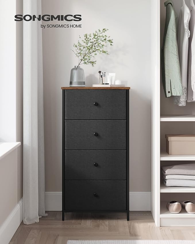 SONGMICS Dresser for Bedroom, Fabric Dresser with 4 Drawers, Metal Frame, Small Chest of Drawers, Black and Rustic Brown ULTS314B01