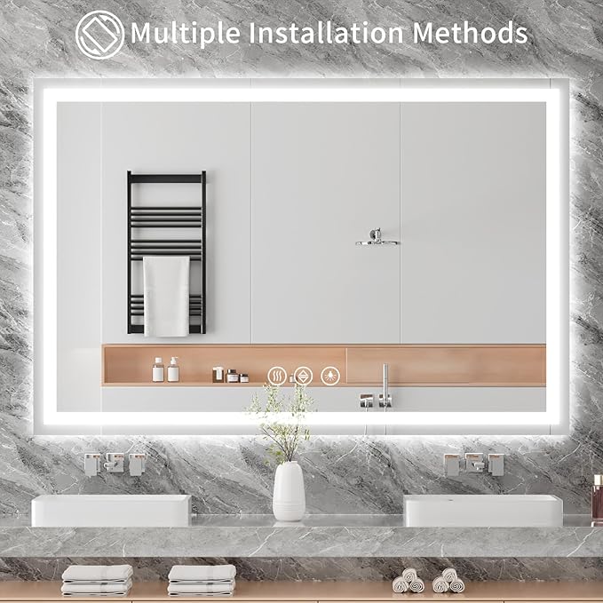 Koonmi 40x60 LED Bathroom Mirror, Backlit + Front Lit, LED Bathroom Mirror with Lights for Wall, 3 Colors, Anti-Fog, Dimmable Brightness, Memory Function, Tempered Glass