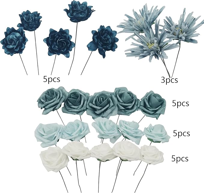 Artificial Flowers Fake Roses, Faux Plant with Stems for DIY Wedding Bouquets Bridal Shower Centerpieces Arrangements Party Tables Decorations (23, Mix Shades of Blue)
