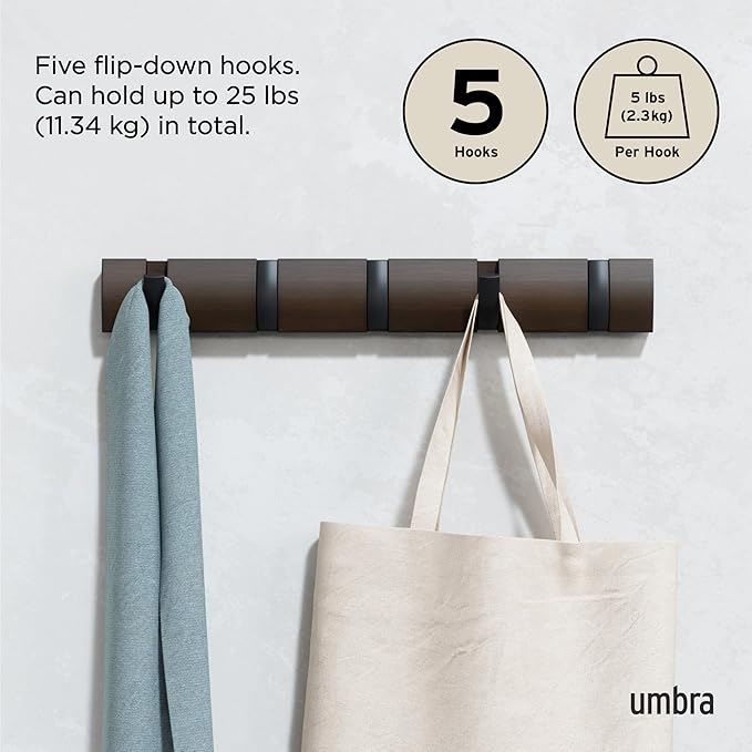 Umbra Flip Wall-Mounted Coat Rack Rail Hook for Hats, Jackets, Bags and More – Modern, Space-Saving Storage Organizer for Entryway, Mudroom, Closet, Bathroom, Bedroom, Kids Room, or Nursery, 5 Hooks,