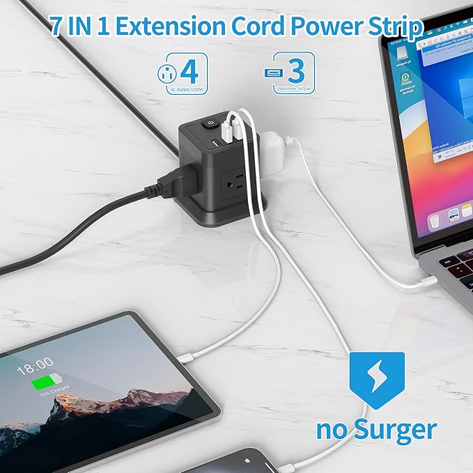 Extension Cord 15 ft, FDTEK Flat Plug Power Strip with 4 Widely Spaced Outlet with 3 USB, Extension Cord with Multiple Outlets for Indoor Home Office, Dorm Room Essentials