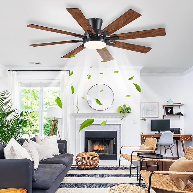 Ceiling Fans with Lights- 52" Low Profile Indoor Ceiling Fan with Light and Remote/APP Control, 8 Blade,Flush Mount, LED Dimmable DC Reversible Modern Ceiling Fan for Bedroom（Brown）