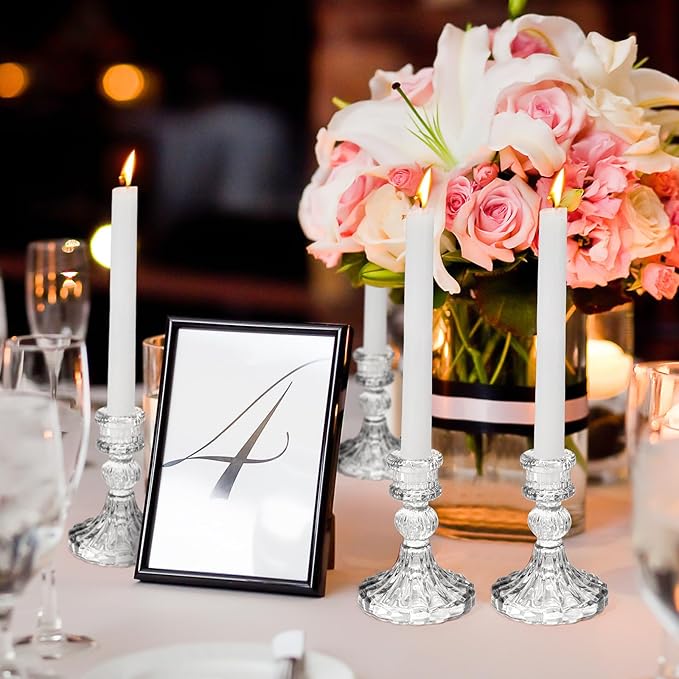 Suclain 24 Pcs Glass Taper Candle Holder Sets 12 Candlestick Holder with 12 White Long Candles for Wedding Party Decor Dinner Decoration(Clear)