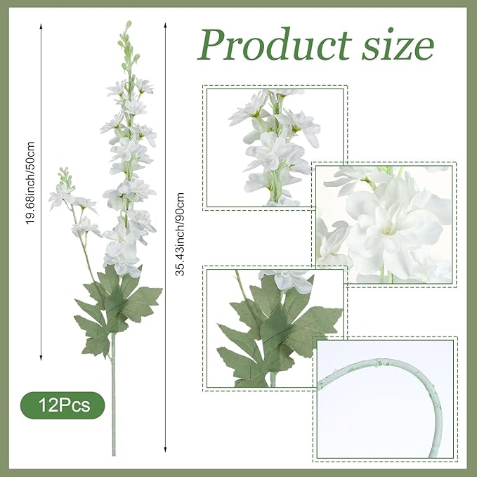 12 Pcs White Delphinium Artificial Flower 35.4'' Long Larkspur Stem White Fake Faux Silk Flowers Bulk for Tall Vase Floral Arrangements Home Centerpiece Table Wedding Decor