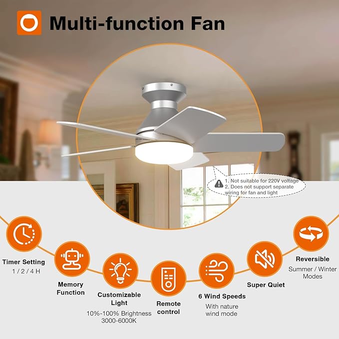 addlon Ceiling Fans with Lights, 32 inch Low Profile Ceiling Fan with Light and Remote Control, Flush Mount, Reversible, 3CCT, Dimmable, Quiet, Silver Small Ceiling Fan for Bedroom Indoor/Outdoor Use
