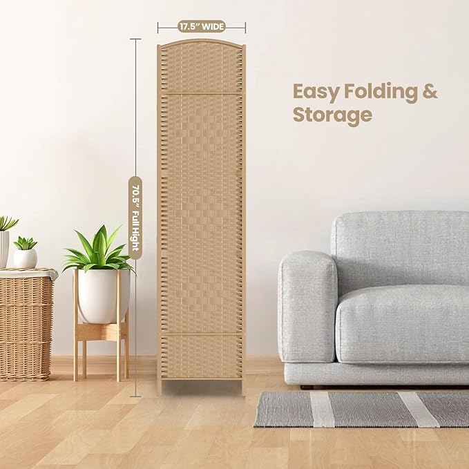 6 Panel Room Divider,6Ft Folding Privacy Screen,Tall - Extra Wide Foldable Panel Partition Wall Divider with Diamond Double-Weaved Hand-Woven Design Room Screen Divider