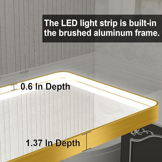 LED Bathroom Mirror with Lights, 24x32 Inch Gold Metal Framed LED Mirror for Bathroom, 3 Colors and Stepless Dimmable Wall Mounted Lighted Bathroom Vanity Mirror, Anti-Fog, Memory