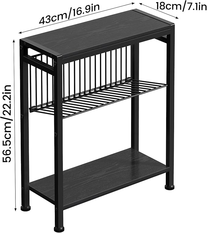 End Table for Small Space, 3-Tier Narrow Side Table with Magazine Holder, Nightstand, Skinny Snack Couch Table in Living Room, Bedroom Study and Balcony (Black)