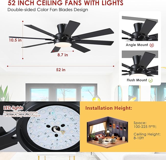 Ceiling Fans with Lights- 52" Low Profile Indoor Ceiling Fan with Light and Remote/APP Control, 8 Blade,Flush Mount, LED Dimmable DC Reversible Modern Ceiling Fan for Bedroom（Black）