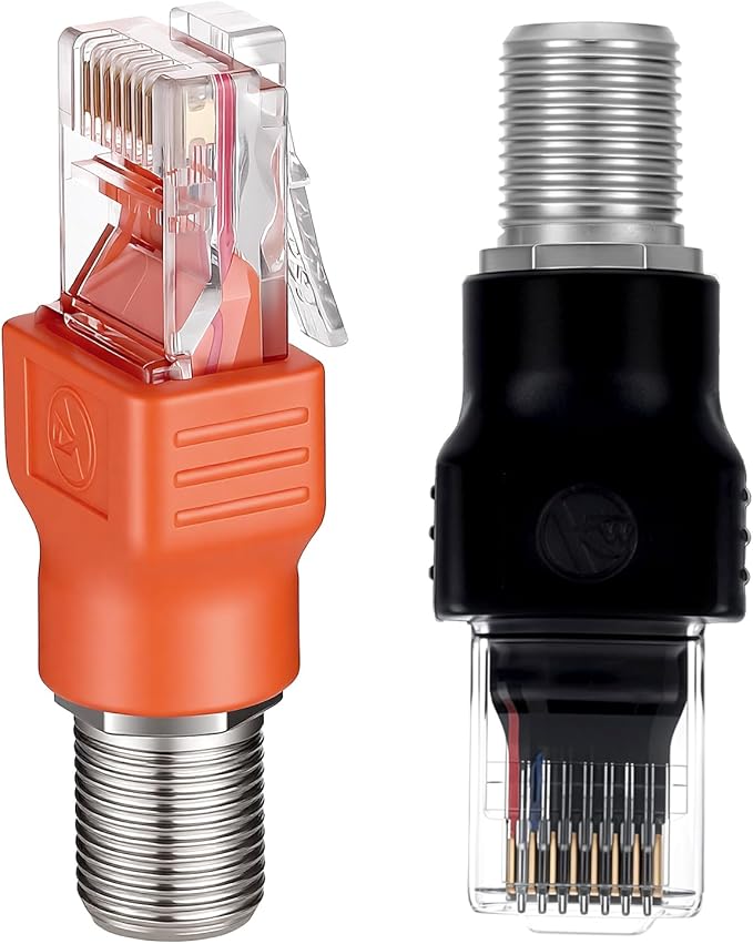 2PCS F-Type Female to RJ45 Male Coaxial Converter, F Female to RJ45 Male Ethernet Adapter, Black and Orange Coax Straight Connector Coaxial Coupler Coax Straight Connector