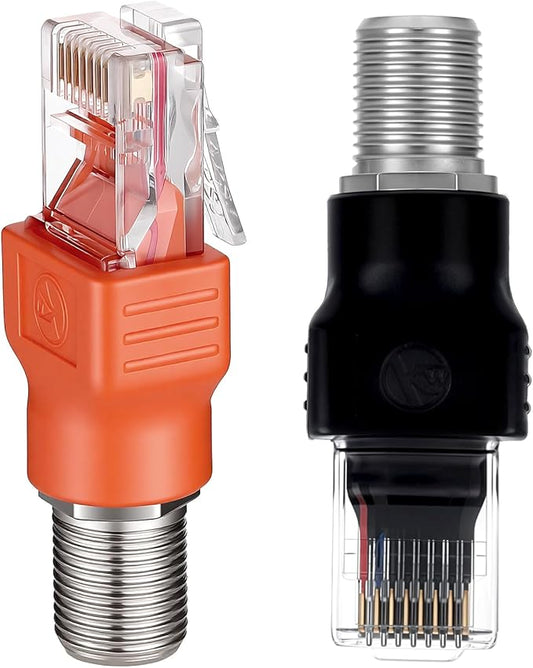2PCS F-Type Female to RJ45 Male Coaxial Converter, F Female to RJ45 Male Ethernet Adapter, Black and Orange Coax Straight Connector Coaxial Coupler Coax Straight Connector