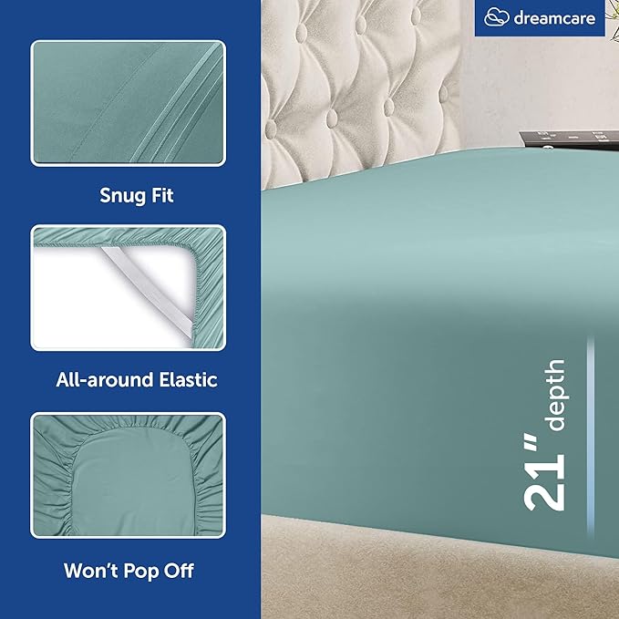DREAMCARE King Size Sheets Set – 4 pcs Cooling Sheets – up to 21” Deep Pocket King Sheet Set – Hotel Luxury Sheets & Pillowcases – Superior Softness 100% Microfiber with Side Pocket - Spa Blue